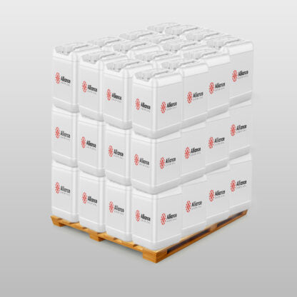 54 five-gallon poly pails of 99% isobutyl alcohol stacked on wooden pallet, white containers with Alliance Chemical logo, 3-tier configuration.